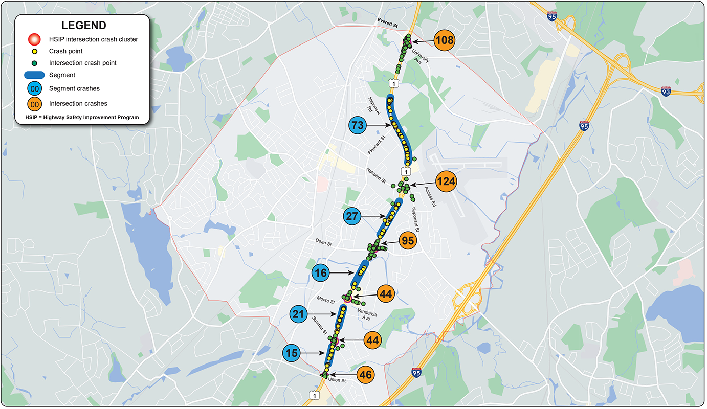 Figure 13
Location and Distribution of Crashes 2015–19
Figure 13 is a map showing the locations and distribution of crashes on Route 1.
